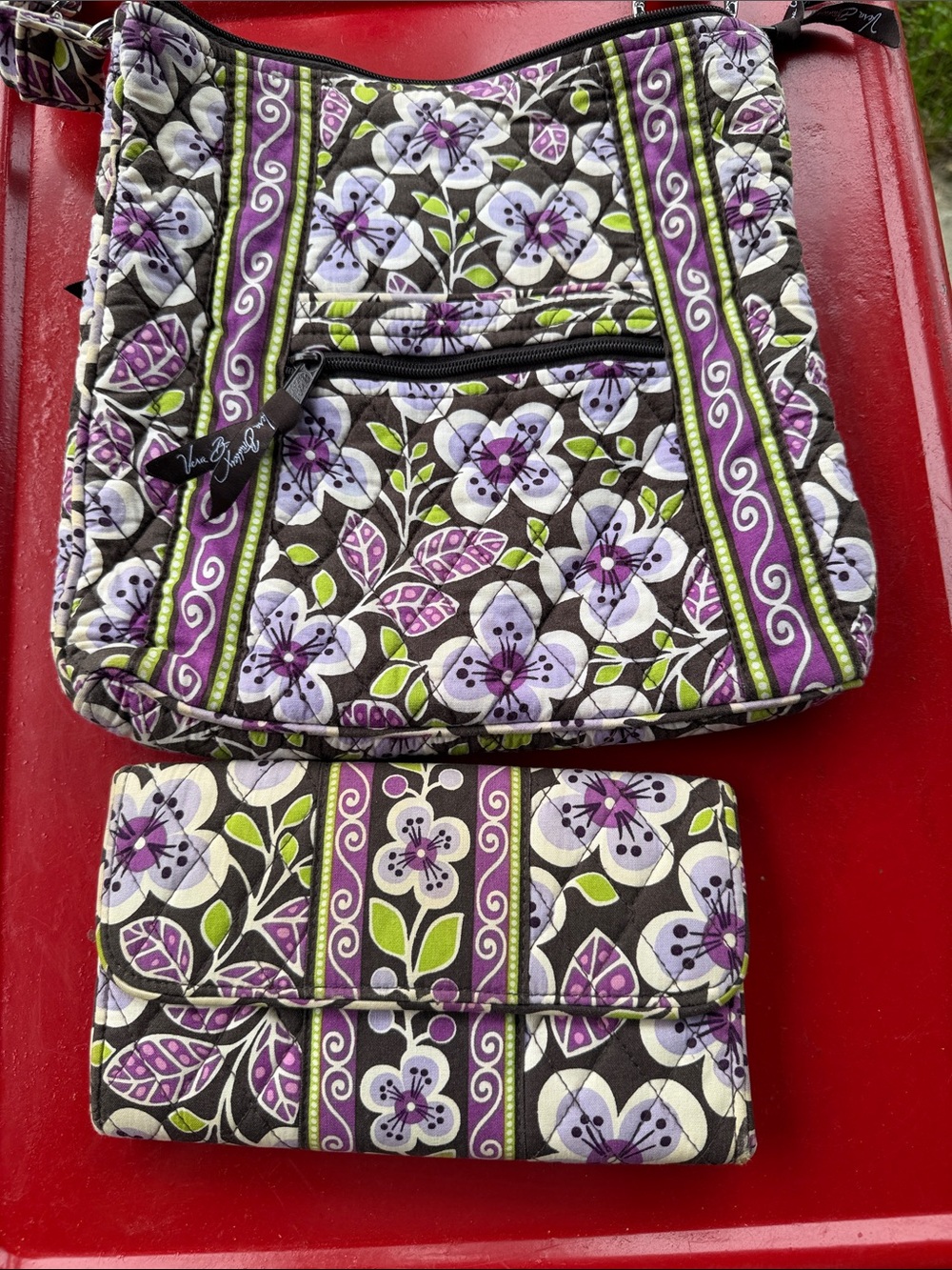 Vera Bradley Quilted Floral Crossbody and Wallet in Purple, White & Green
